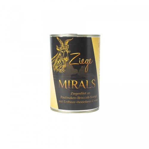 MIRALS Ziege- Filet z koziny na puree z brokułów i pasternaku z kremem truskawkowo-jagodowym (400g) Karma mokra dla psa