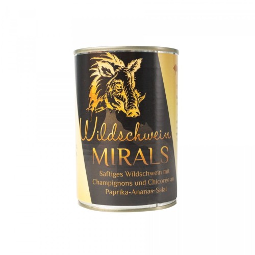 MIRALS Wildschwein - soczysty dzik z pieczarkami i cykorią na sałatce z papryki i ananasa (400g) Karma mokra dla psa