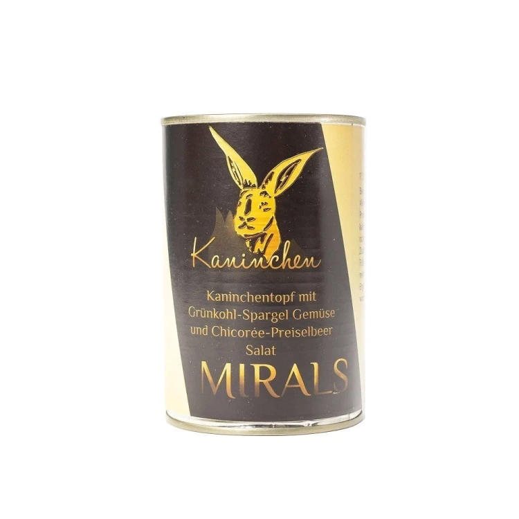 MIRALS Kaninchen - Królik z jarmużem i szparagami oraz sałatką z cykorii i borówki brusznicy (370g) Karma mokra dla psa