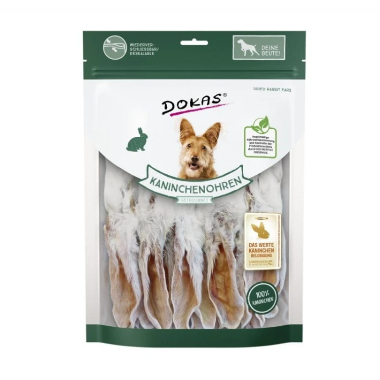 DOKAS Uszy królicze z futrem 180g Przysmaki dla psa