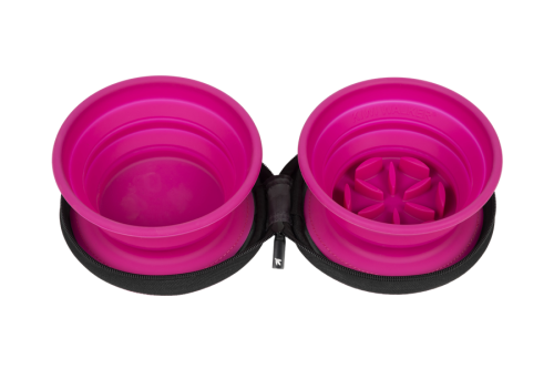 Kiwi Walker TRAVEL DOUBLE BOWL SLOWFEEDER zestaw spowalniających misek turystycznych różowych