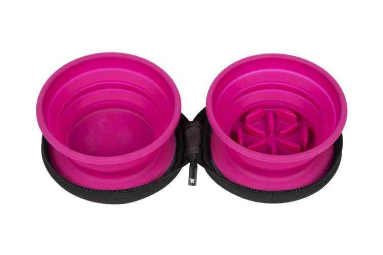 Kiwi Walker TRAVEL DOUBLE BOWL SLOWFEEDER zestaw spowalniających misek turystycznych różowych