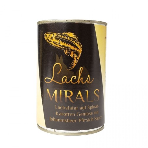 MIRALS Lachs - Tatar z łososia na szpinaku i marchewce z sosem porzeczkowo-brzoskwiniowym (380g) Karma mokra dla psa