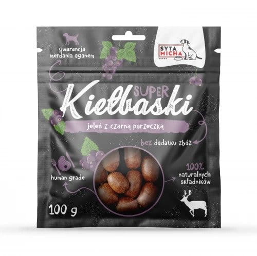 Syta Micha Super kiełbaski dla psa z jeleniem i czarną porzeczką 100g