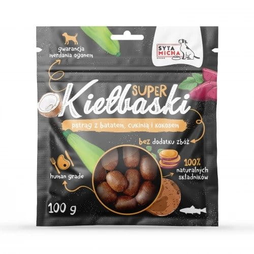 Syta Micha Super kiełbaski dla psa z pstrągiem, batatem cukinią i kokosem 100g