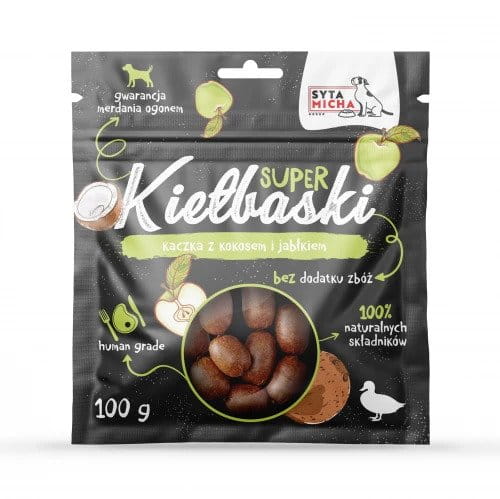 Syta Micha Super kiełbaski dla psa z kaczką, kokosem i jabłkiem 100g