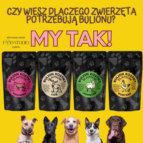 ZESTAW! Food Studio Chefs BULION KOSTNY dla psów DZIKI ŁOŚ + JAGNIĘCINA + KURCZAK + WOŁOWINA 4 X 230 ml