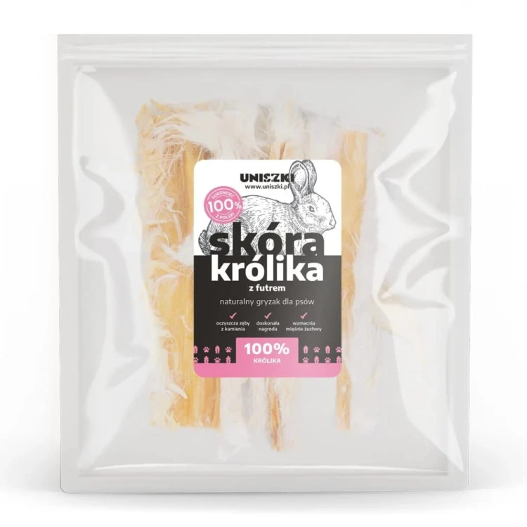 UNISZKI Skóra królika z futrem 100g Przysmaki dla psa