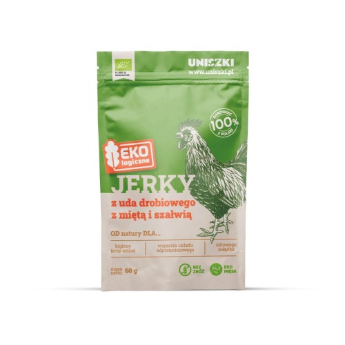 UNISZKI Ekologiczne jerky z uda drobiowego z miętą i szałwią 60g Przysmaki dla psa