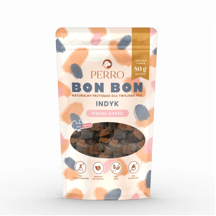 PERRO BON BON Indyk – piękna sierść Przysmaki z dodatkiem funkcyjnym 80g Przysmaki dla psa
