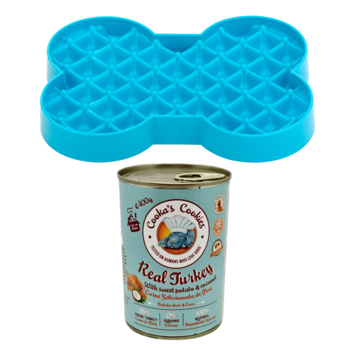 ZESTAW! Cooka’s Cookies REAL TURKEY Karma mokra dla psów z indykiem 400g + Miska slow food spowalniająca jedzenie SMALL SLODOG® turkusowa