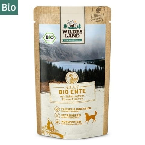 WILDES LAND DOG Karma mokra dla psa BIO Ente - bio kaczka z batatami, gruszką i jagodami (125g)
